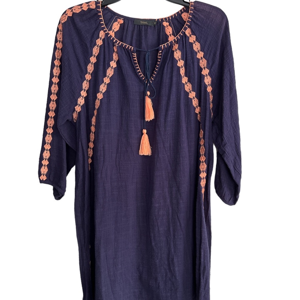 THML Embroidered boho dress Navy Blue Peach trim Size Med. cottagecore hippie EC